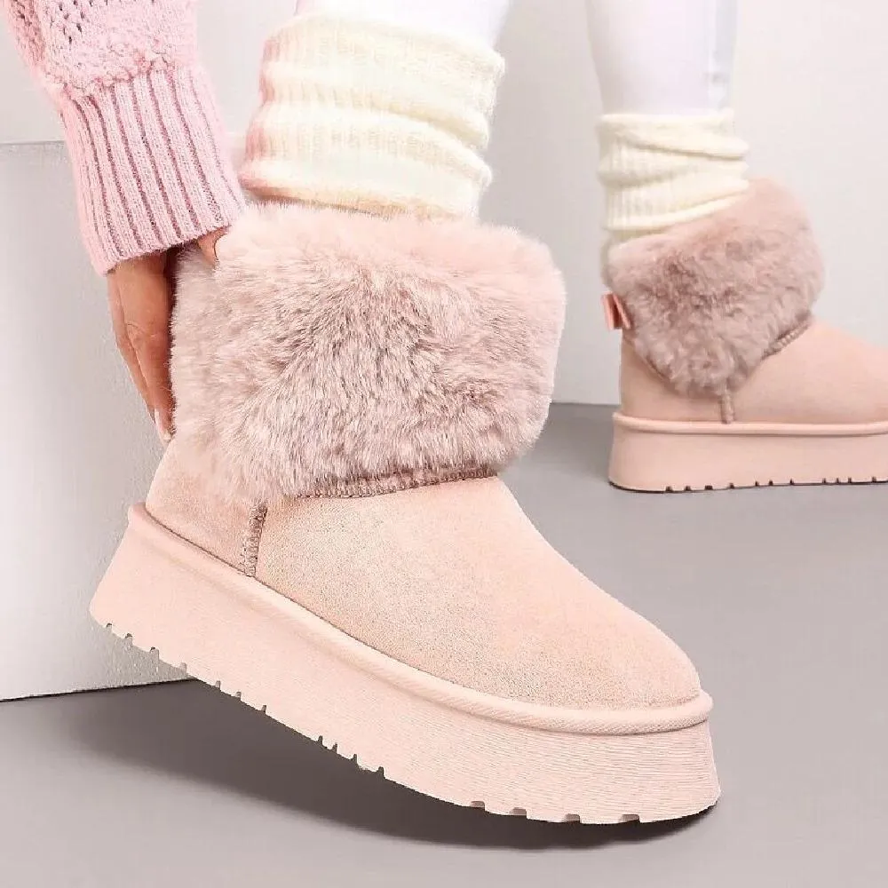 H.O.S Pink Faux Fur Lined Chunky Platform Bow Detailed Ankle Boots (Buy Size Up)
