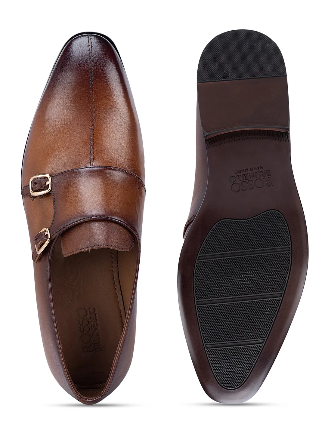 Tan Plain Double Monk Strap Shoes