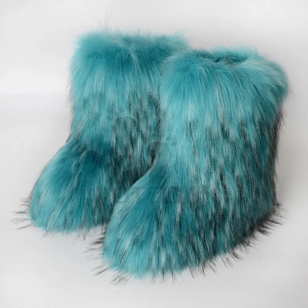 Women's Fuzzy Fur Snow Boots – Fluffy Plush Lined Slip-On Winter Footwear with Bowtie