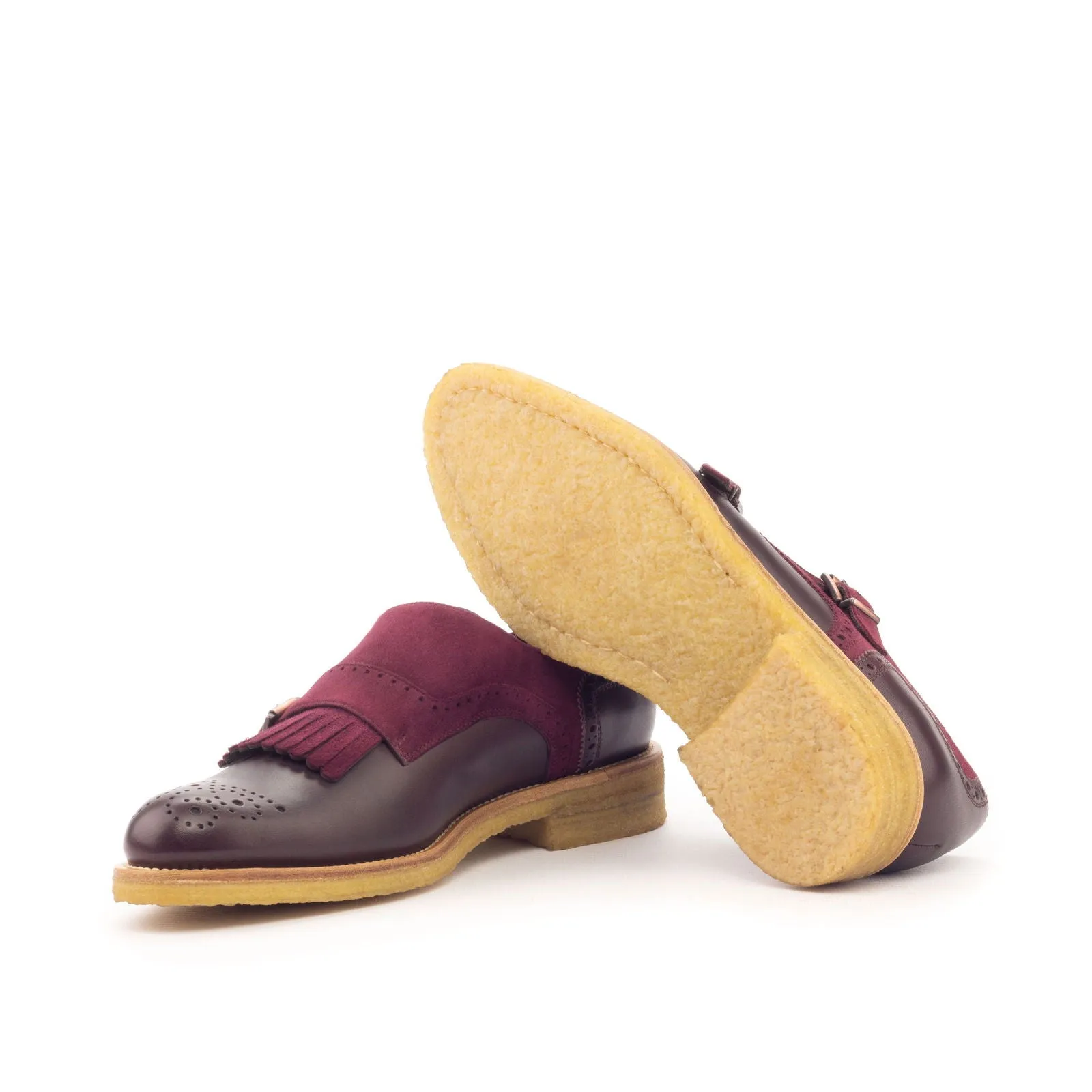 Women's Kiltie Monk Strap Leather Shoes Burgundy 3154