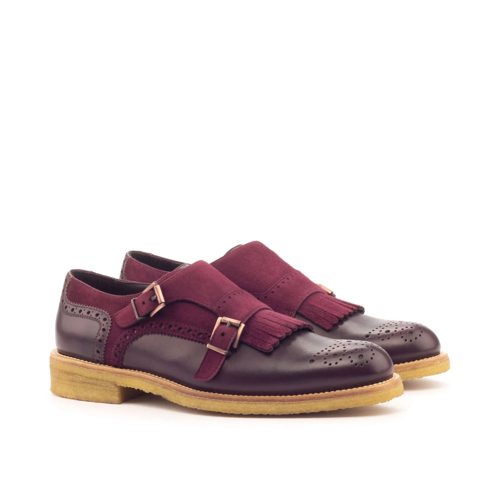 Women's Kiltie Monk Strap Leather Shoes Burgundy 3154